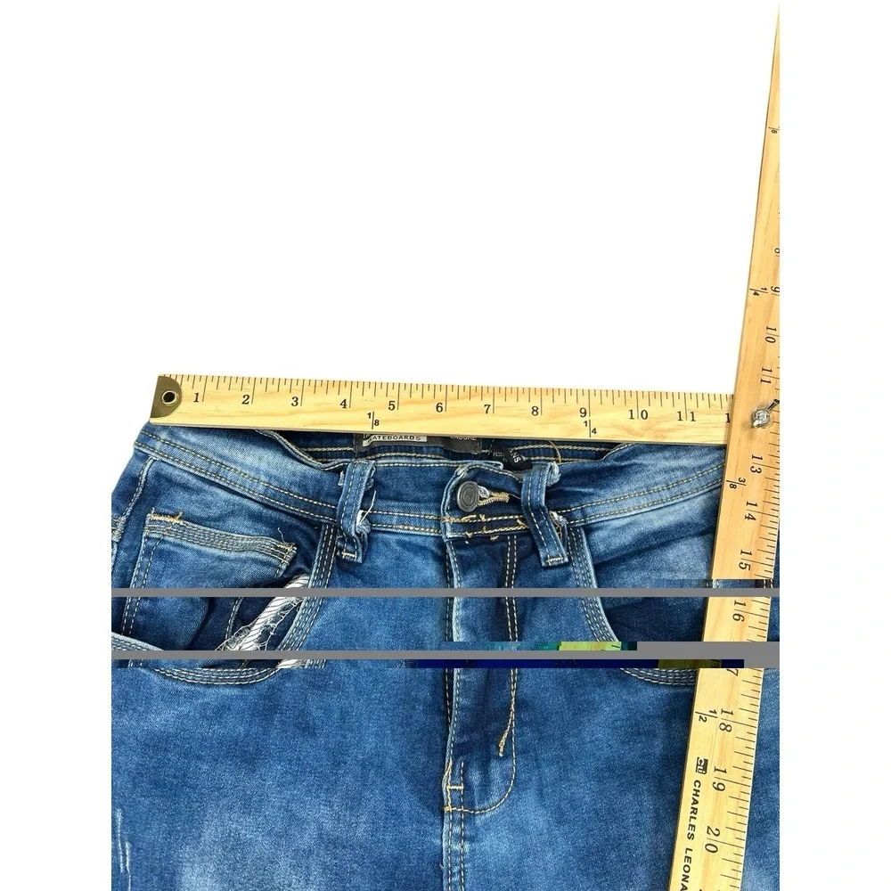 Skateboard Distressed Skinny Jeans Men's Blue‎ Ripped Frayed Hem Stretch Size 28